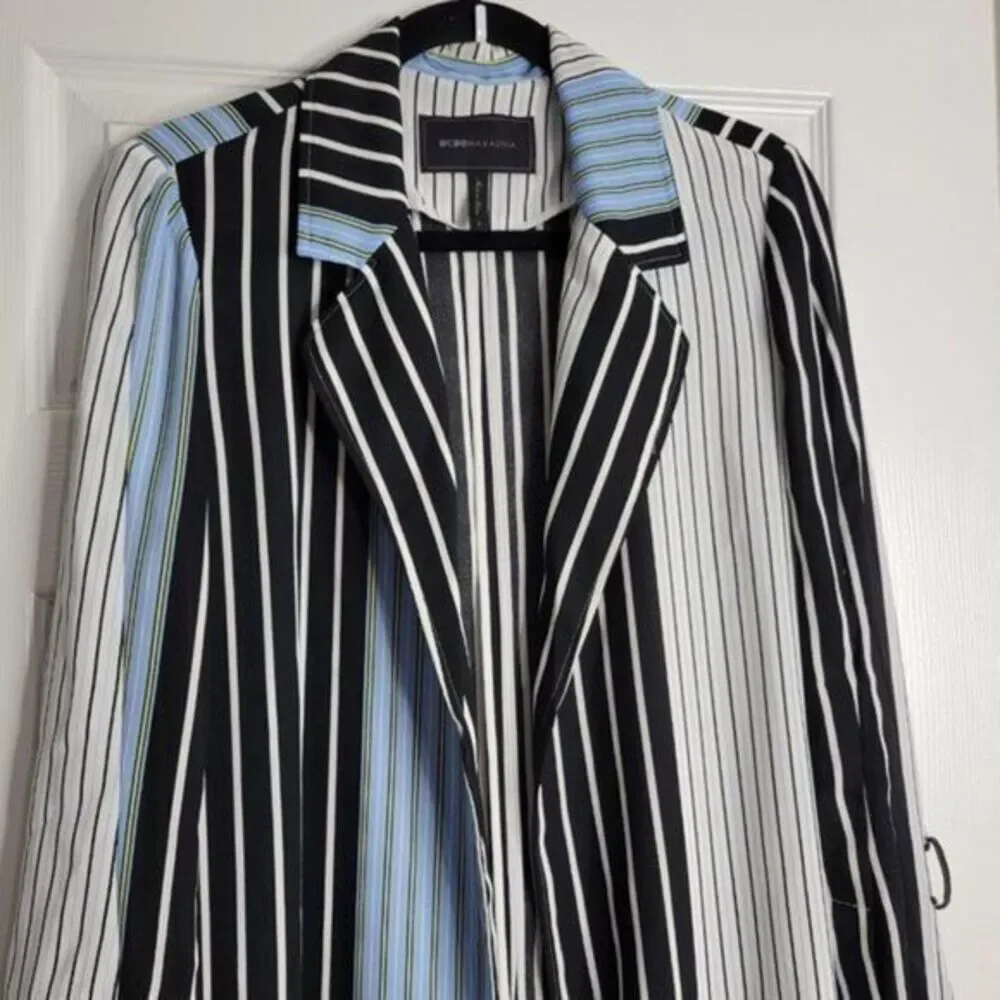 BCBGMAXAZRIA Shirt Jacket Small Black Blue Stripe Trech Belt Pockets Lightweight - Picture 3 of 11